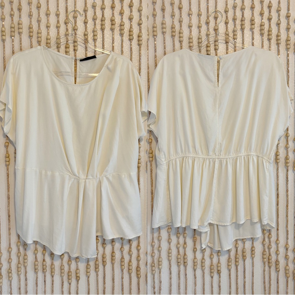 Lane Bryant Ivory Short Sleeve Pleated Casual Work Wear Lagenlook Rayon Top